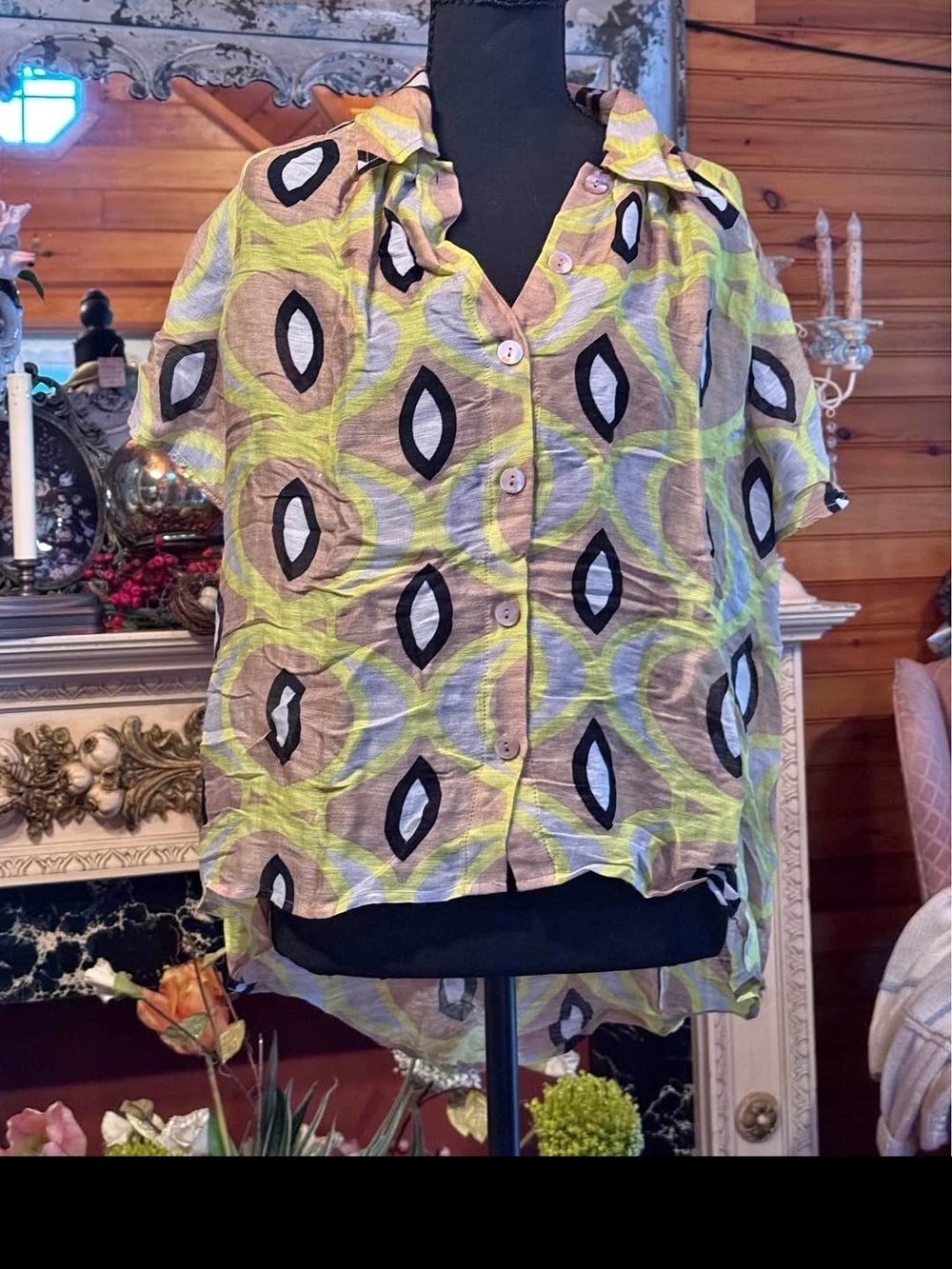 Plenty by Tracy Reese Lime Geo Button-Front Short Sleeve Shirt